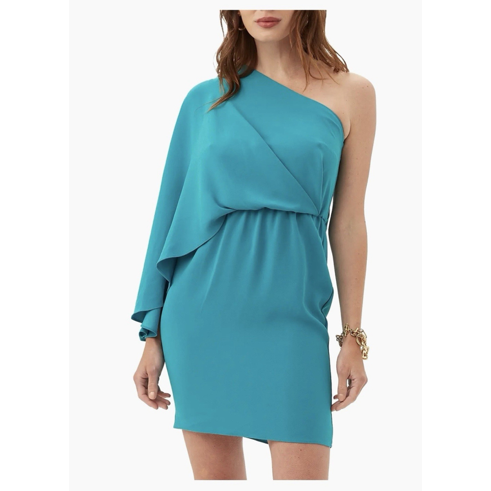 Trina Turk Amal One Shoulder Cape Sleeve Mini Dress Women's 10 New Bahia Blue